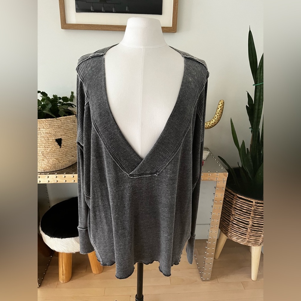 Free People Dolman Sleeve Charcoal Ribbed V-Neck Sweater